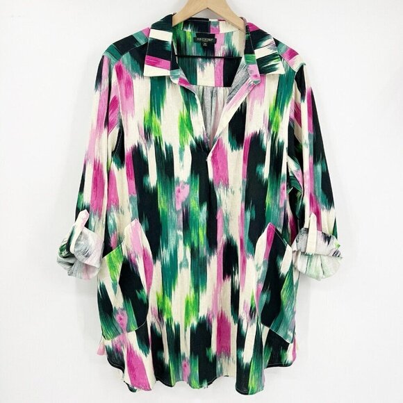 For Cynthia Linen Blend Artsy Tunic Top 2X Roll Tab Sleeve Lagenlook Green Pink - Picture 1 of 7
